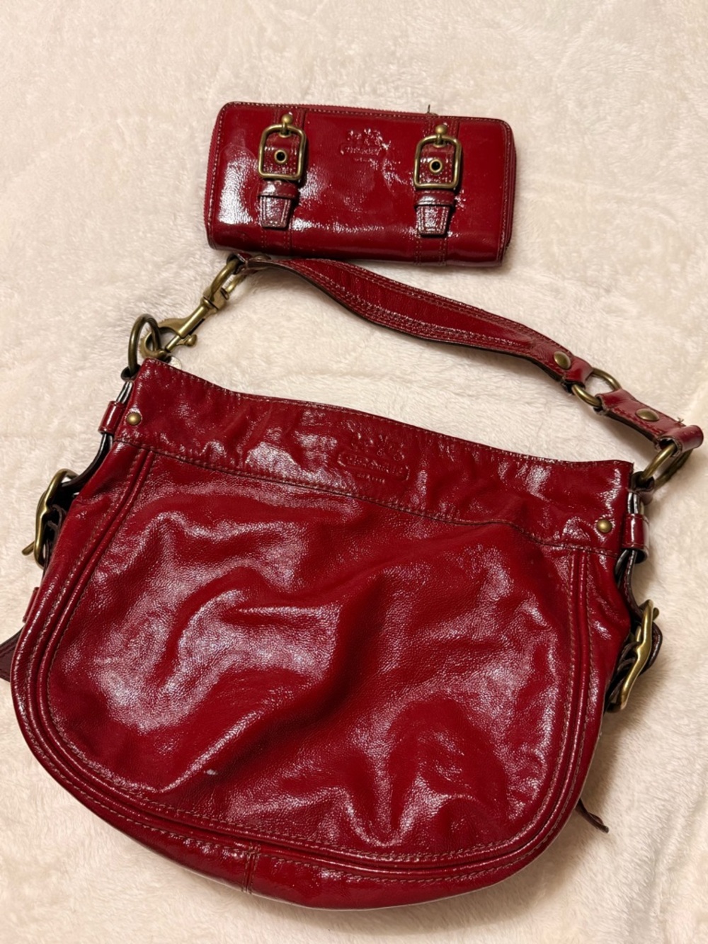Coach Red Patent Leather Shoulder Bag with Matching Wallet
